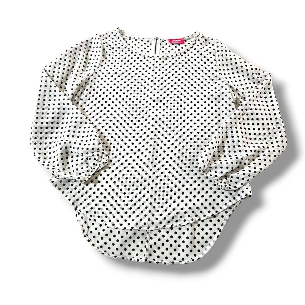 Shasa Blouse Size Medium White Black Polka Dot Balloon Sleeve High Low Back Zip